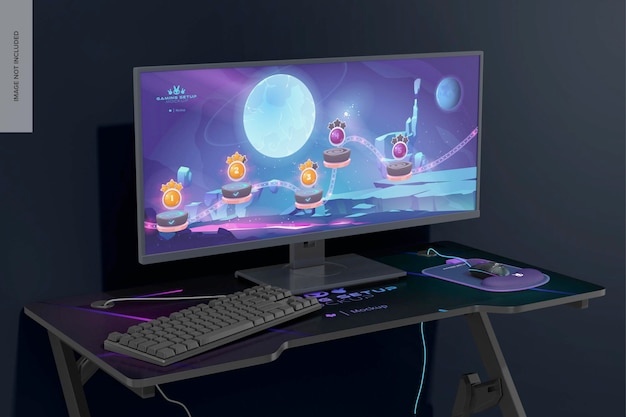 PSD gaming-pc-setup mockup high angle view