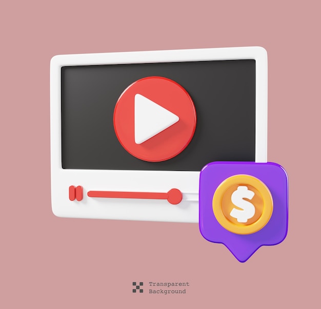 Ganar dinero con contenido de video aislado. Icono de vídeo, streaming y multimedia. Lindo estilo minimalista. 3d