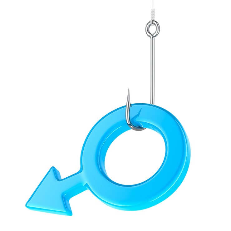 PSD gancho de pesca com símbolo de gênero masculino azul em renderização 3d isolado em fundo transparente