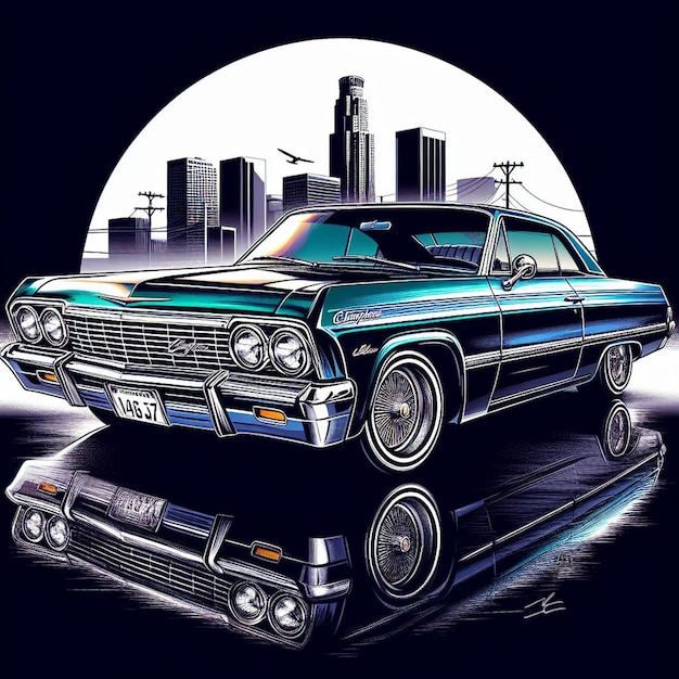 PSD gangster de hip hop, chefe do horizonte de los angeles, um carro vintage, um chevrolet impala.