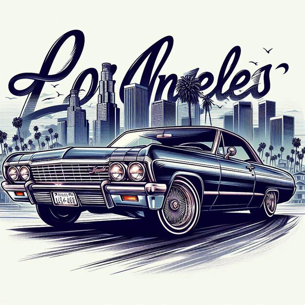 PSD gangster de hip hop, chefe do horizonte de los angeles, um carro vintage, um chevrolet impala.