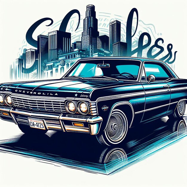 PSD gangster de hip hop, chefe do horizonte de los angeles, um carro vintage, um chevrolet impala.