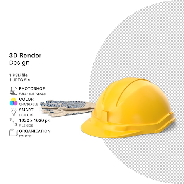 Gants de travail et casque de sécurité Fichier PSD de modélisation 3D Casque de travail réaliste