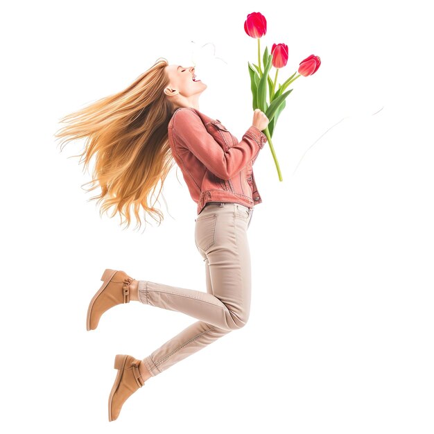 PSD ganzkörperfoto einer frau, die über eine hoch duftende tulpe springt