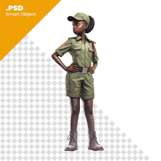 PSD ganzkörperporträt einer afroamerikanischen soldatin in uniform psd-vorlage