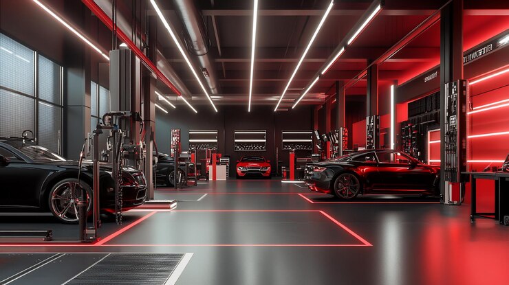 PSD garaje moderno de reparación de automóviles con acentos rojos y blancos iluminados