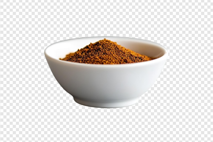 PSD garam masala en polvo en un cuenco blanco sobre un fondo transparente