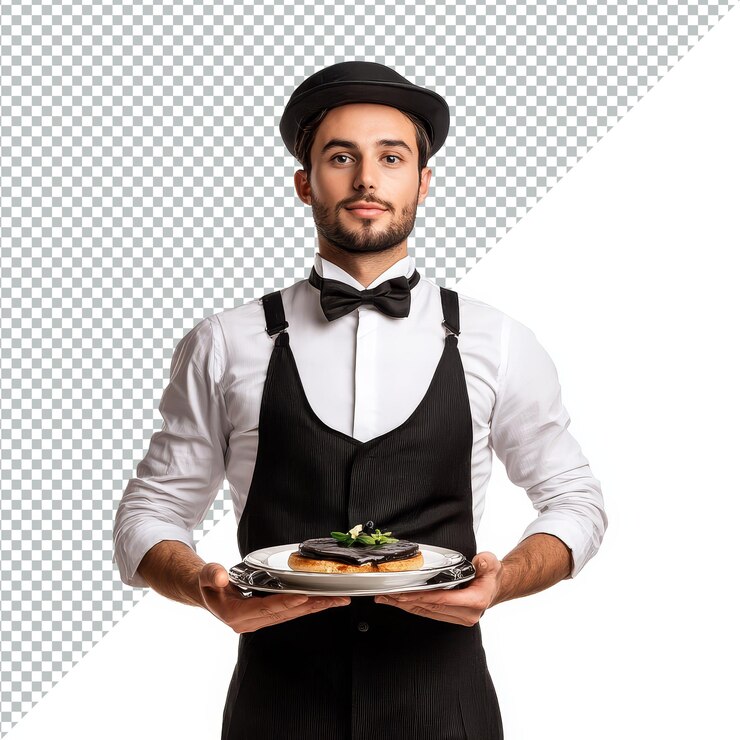 PSD garçom festivo em trajes elegantes está pronto para servir prato gourmet em uma bandeja de prata com um fundo transparente brilhante garçom festivos pronto para servir em um fundo transparente
