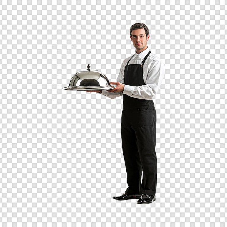 PSD garçom segurando um prato de comida isolado em fundo transparente