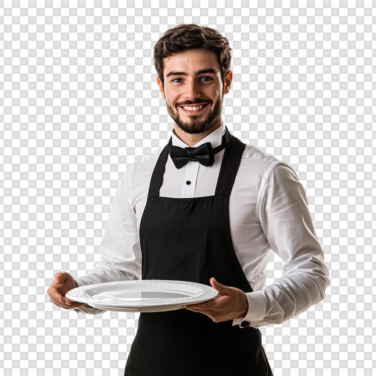 PSD garçom segurando um prato de comida isolado em fundo transparente