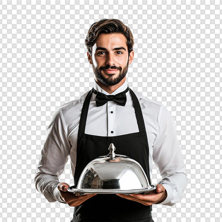 PSD garçom segurando um prato de comida isolado em fundo transparente
