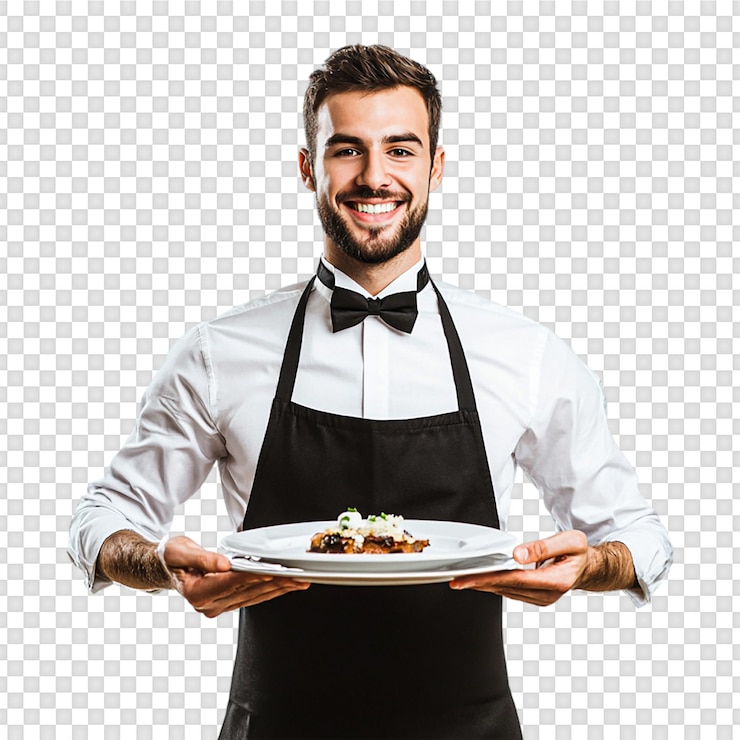 PSD garçom segurando um prato de comida isolado em fundo transparente