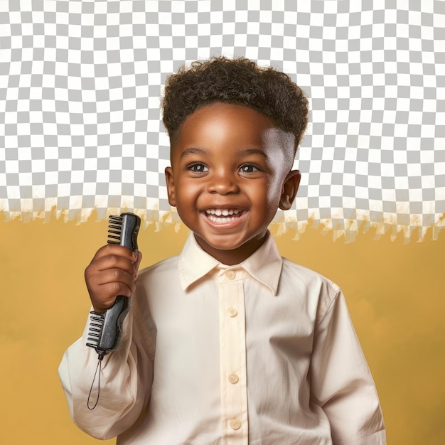 PSD un garçon d'âge préscolaire amusé aux cheveux courts de l'origine africaine vêtu d'une tenue de chauffeur de taxi pose dans une coiffure brossée à la main sur un fond crème pastel