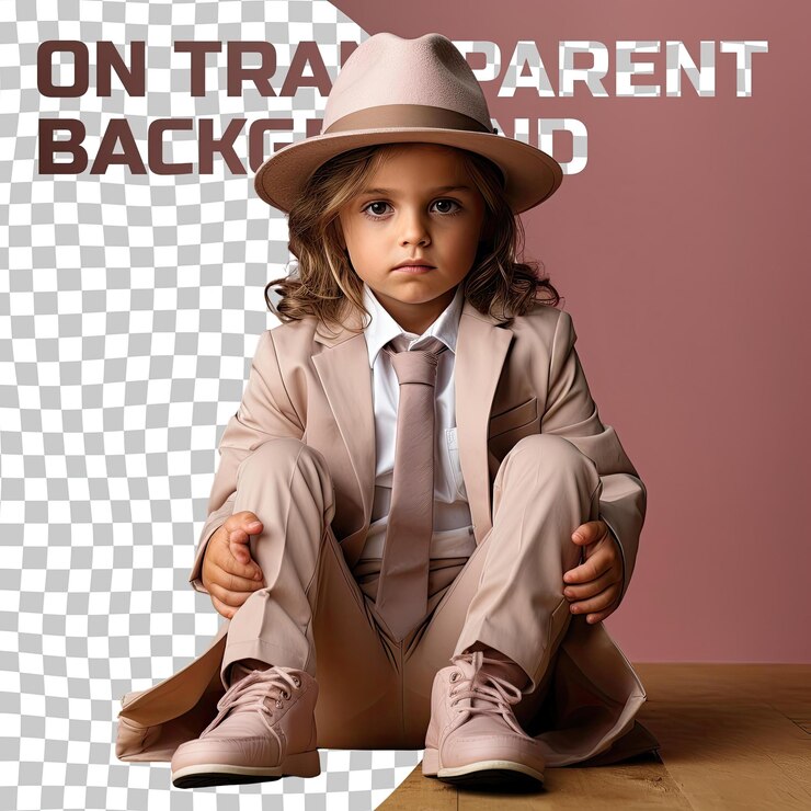 PSD un garçon d'âge préscolaire déconcerté aux cheveux longs d'origine scandinave vêtu d'une tenue d'enquêteur privé pose dans un style gracieux sur un fond beige pastel.