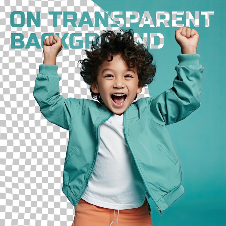 PSD un garçon d'âge préscolaire justifié aux cheveux bouclés d'origine ethnique d'asie de l'est vêtu d'une tenue d'athlète pose dans un style debout avec les bras levés sur un fond pastel teal