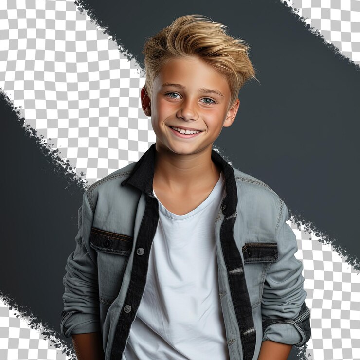 PSD un garçon aux cheveux blonds et une chemise grise avec un logo noir et blanc sur le devant.
