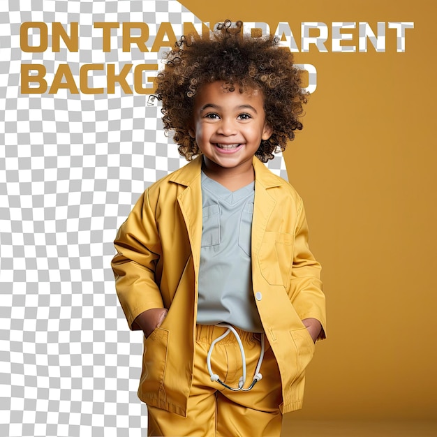 PSD un garçon curieux d'âge préscolaire aux cheveux bouclés d'origine africaine vêtu d'une tenue de neurochirurgien pose dans une posture détendue avec les mains dans les poches sur un fond jaune pastel