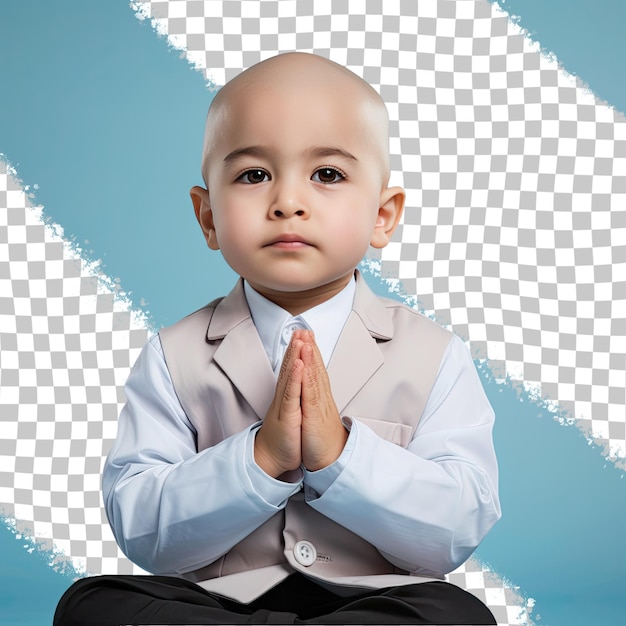 PSD un garçon découragé d'âge préscolaire aux cheveux chauves d'origine ethnique d'asie de l'ouest vêtu d'une tenue de consultant pose dans un style sitting with hands clasped sur un fond bleu pastel