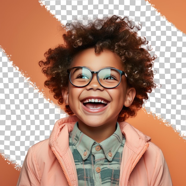 PSD un garçon enfant exalté aux cheveux ondulés de l'ethnie africaine vêtu d'une tenue de vendeur de détail pose dans un style eyes looking over glasses sur un fond de corail pastel