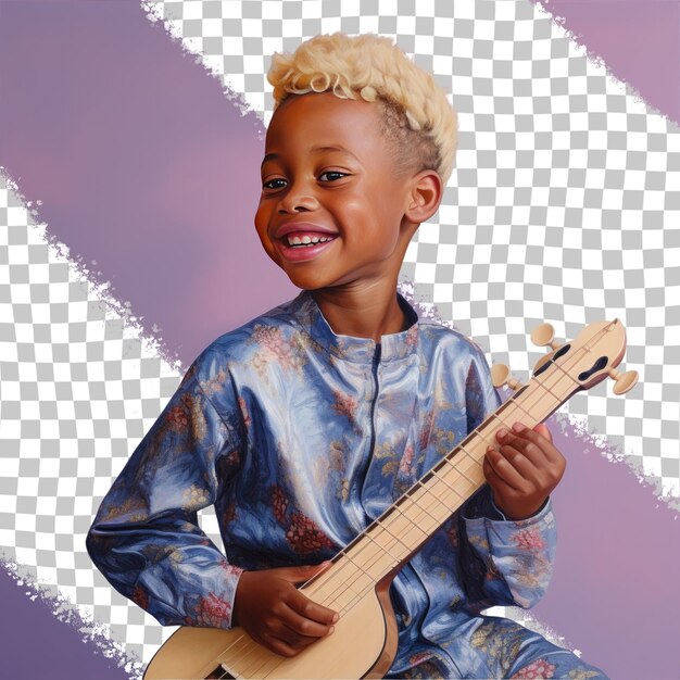 PSD un garçon enfant extatique aux cheveux blonds d'origine africaine habillé en jouant d'instruments de musique pose dans un style one shoulder forward sur un fond pastel periwinkle