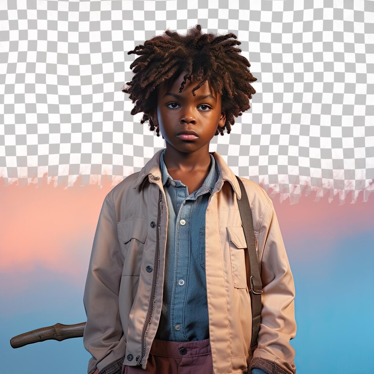 PSD un garçon enfant haineux aux cheveux ondulés d'origine africaine vêtu d'une tenue de charpentier pose dans un style de jeu d'ombre dramatique sur un fond bleu ciel pastel