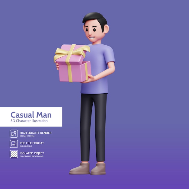 Le garçon est ravi d'ouvrir un cadeau spécial pour la Saint-Valentin, un garçon célébrant l'illustration 3d de la Saint-Valentin