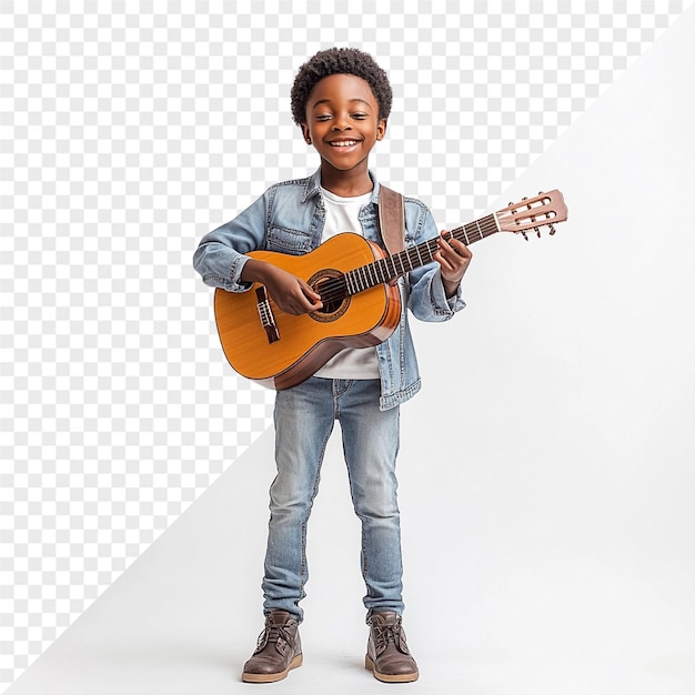 un garçon jouant de la guitare avec une guitare sur sa poitrine