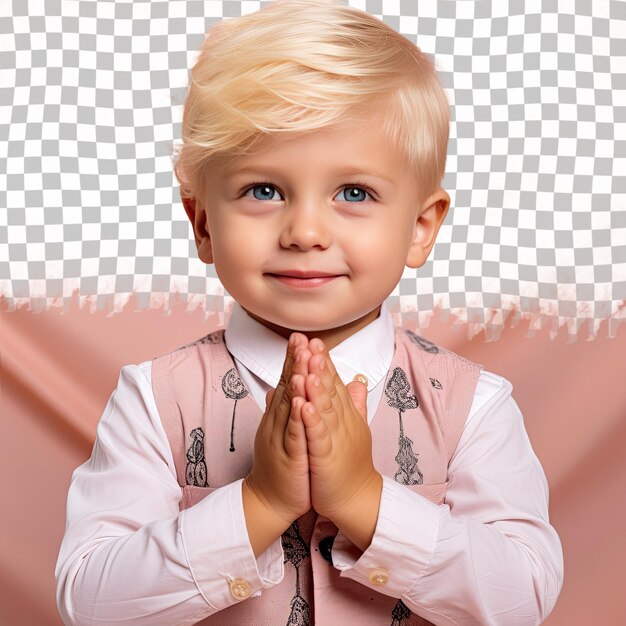 PSD un garçon de la maternelle reconnaissant aux cheveux blonds d'origine sud-asiatique vêtu d'une tenue de souvenirs de scrapbooking pose dans un style close up of hands sur un fond pastel de saumon