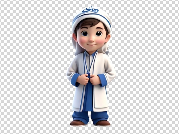 PSD un garçon mignon en 3d portant un costume islamique blanc et bleu