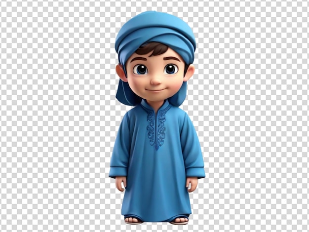 PSD un garçon mignon en 3d portant un costume islamique bleu en png