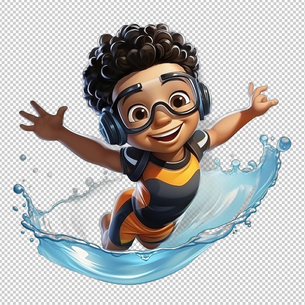 PSD le garçon noir nageant en 3d dans le style de dessin animé