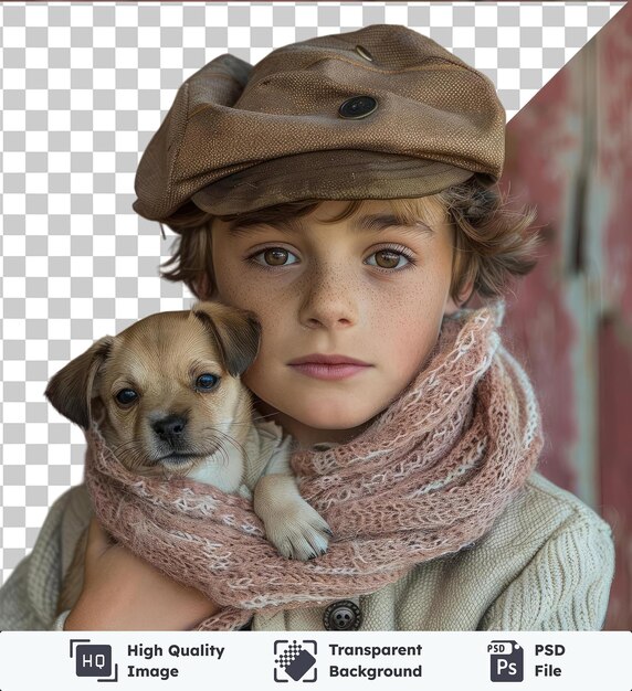 Le Garçon Avec Un Petit Chien Portant Un Chapeau Brun Et Une écharpe Se Tient Devant Un Mur Rouge Le Garçon A Des Cheveux Bruns Bleus Et Des Yeux Bruns Un Petit Nez Et