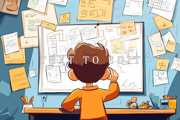 Un garçon qui réfléchit à des idées sur un tableau blanc entouré de notes.