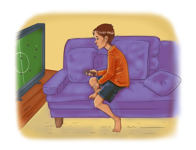 Un Garçon Qui Regarde Un Taureau De Football à La Télé