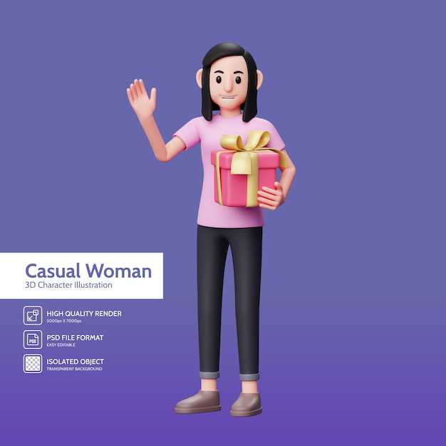 Garota acenando para dizer oi e segurando um presente rosa, ilustração de personagem 3d do conceito de dia dos namorados