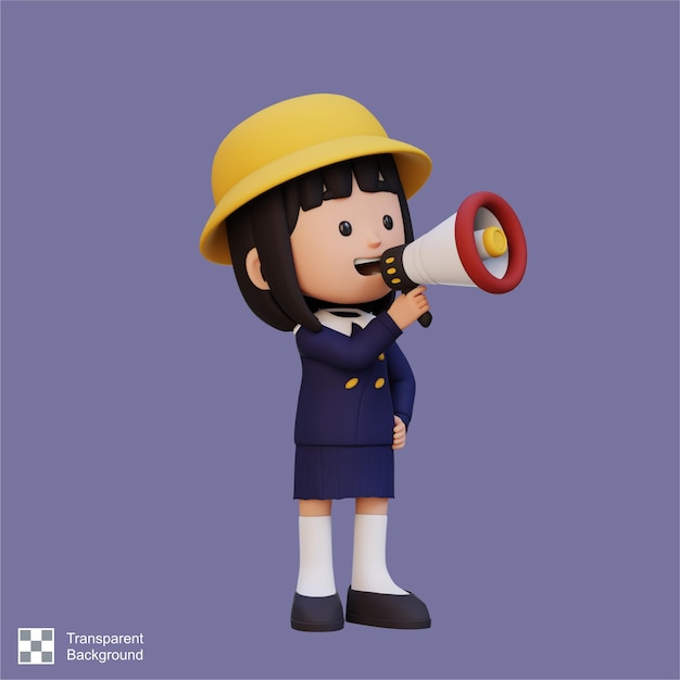 PSD garota bonita em 3d personagem falando em megafone