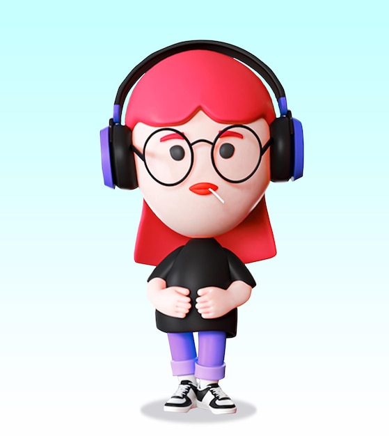 Garota de desenho animado bonita com fones de ouvido e pirulito