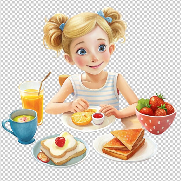 PSD garota de desenho animado fazendo café da manhã em fundo transparente