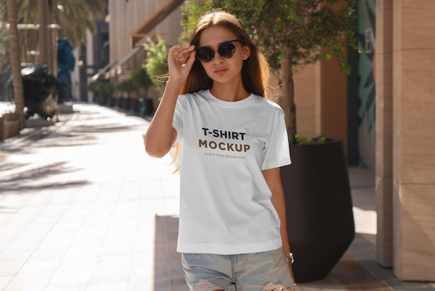 Garota de maquete de camiseta andando na cidade moderna