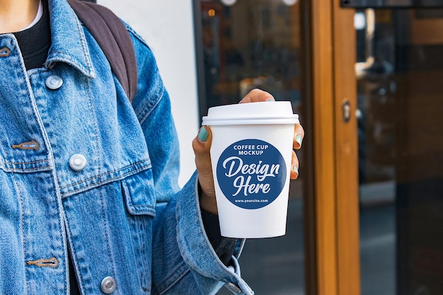 Garota de maquete de caneca de café na rua estilo urbano seu design está aqui para designer gráfico