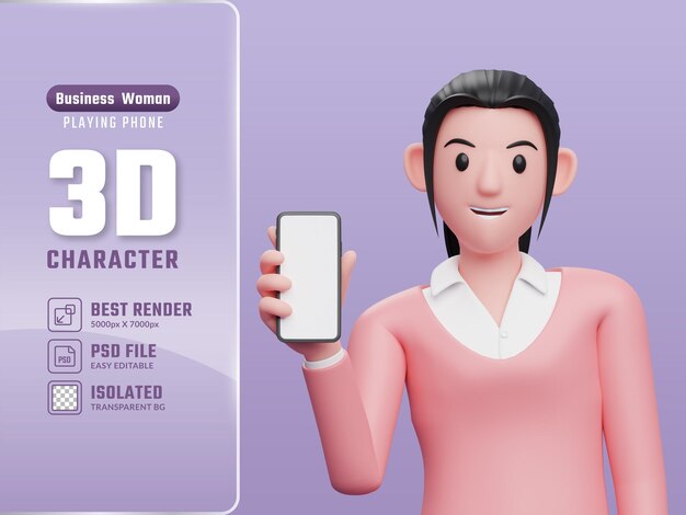 PSD garota de moletom rosa segurando um celular enquanto inclina seu corpo 3d render ilustração de personagem