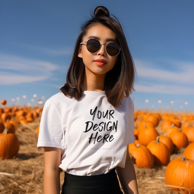 Garota feliz em maquete de camiseta branca de outono com céu azul e abóboras