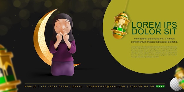 Garota islâmica renderizada 3d rezando banner ou saudações com fundo editável