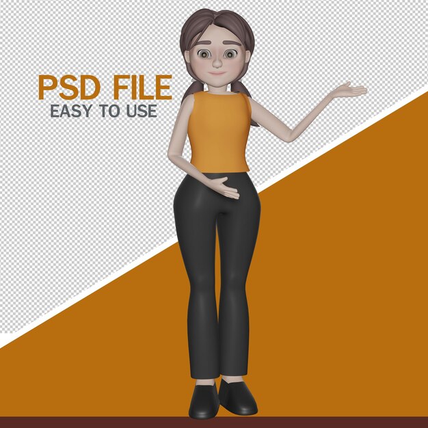 PSD garota isolada na mão de fundo branco apontando para o espaço vazio para renderização de publicidade em 3d