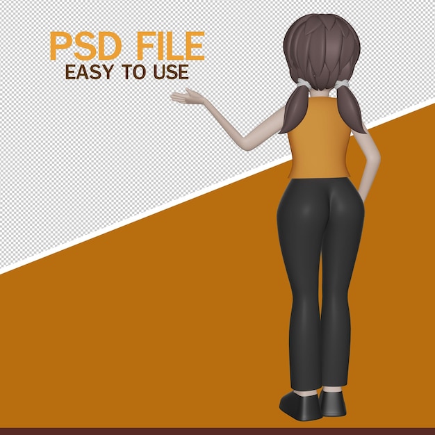 Garota isolada na mão de fundo branco apontando para o espaço vazio para renderização de publicidade em 3D