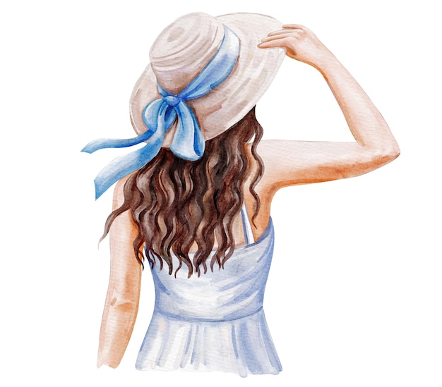 garota morena com um chapéu de verão na praia em um vestido azul branco vista de trás ilustração a aquarela