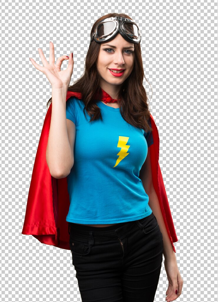 PSD garota muito super-herói fazendo sinal de ok