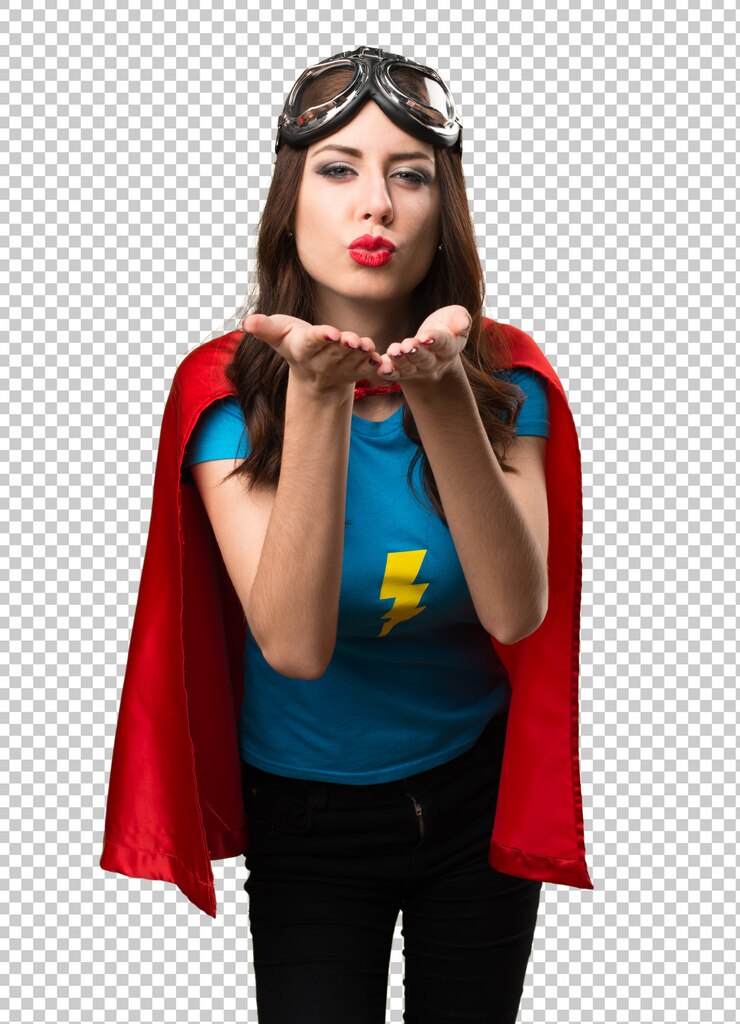 PSD garota muito super-herói mandando um beijo