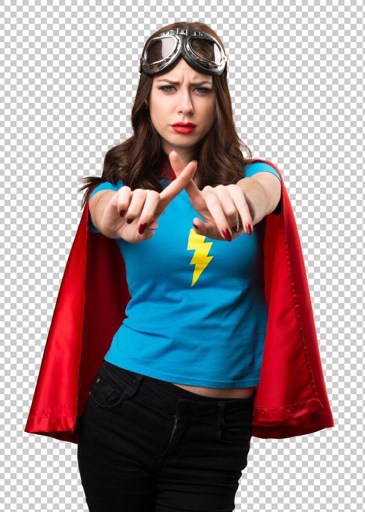 PSD garota muito super-herói não fazendo nenhum gesto