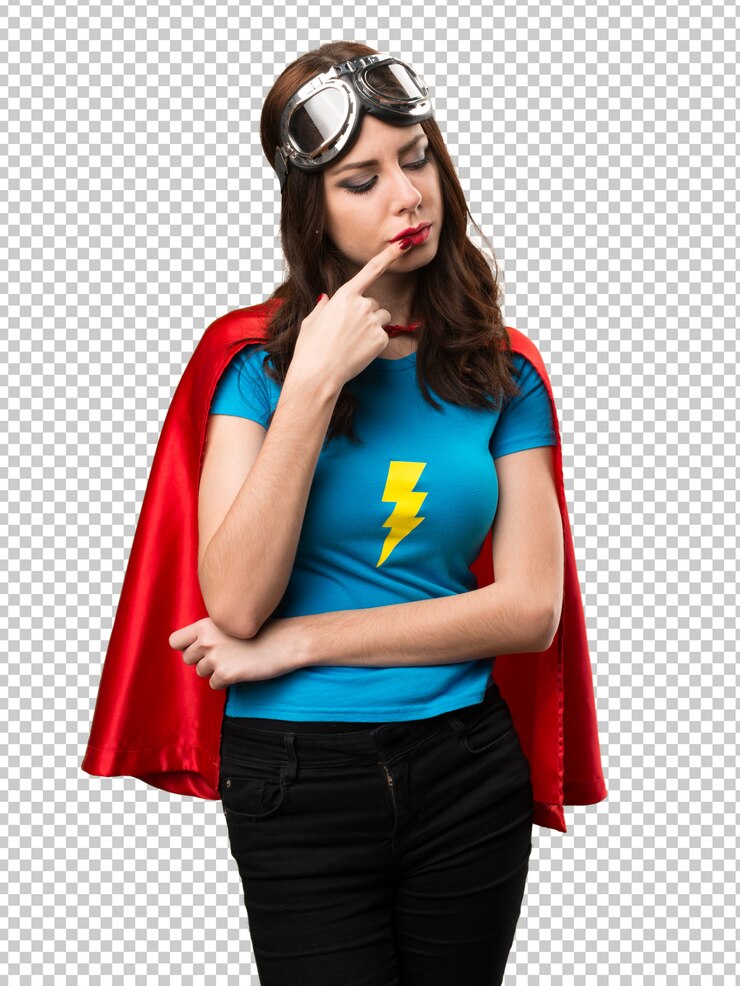 PSD garota muito super-herói pensando
